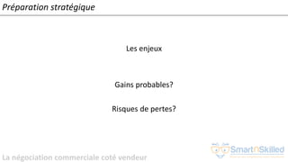 La négociation commerciale coté vendeur
Les enjeux
Gains probables?
Risques de pertes?
Préparation stratégique
 