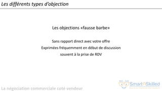 La négociation commerciale coté vendeur
Les différents types d’objection
Les objections «fausse barbe»
Sans rapport direct avec votre offre
Exprimées fréquemment en début de discussion
souvent à la prise de RDV
 