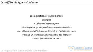 La négociation commerciale coté vendeur
Les différents types d’objection
Les objections «fausse barbe»
Exemples
« Cela ne m'intéresse pas»
«Je suis pressé, je n'ai pas de temps à vous accorder»
«Les affaires sont difficiles actuellement, je n'achète plus rien»
«J'ai déjà un fournisseur, je ne souhaite pas changer»
«Merci, je n'ai besoin de rien»
 