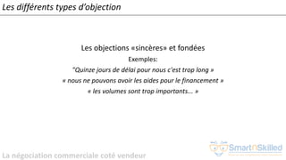 La négociation commerciale coté vendeur
Les différents types d’objection
Les objections «sincères» et fondées
Exemples:
"Quinze jours de délai pour nous c'est trop long »
« nous ne pouvons avoir les aides pour le financement »
« les volumes sont trop importants... »
 