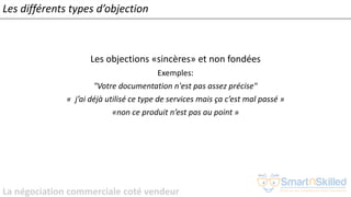 La négociation commerciale coté vendeur
Les différents types d’objection
Les objections «sincères» et non fondées
Exemples:
"Votre documentation n'est pas assez précise"
« j’ai déjà utilisé ce type de services mais ça c’est mal passé »
«non ce produit n’est pas au point »
 