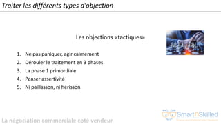 La négociation commerciale coté vendeur
Les objections «tactiques»
1. Ne pas paniquer, agir calmement
2. Dérouler le traitement en 3 phases
3. La phase 1 primordiale
4. Penser assertivité
5. Ni paillasson, ni hérisson.
Traiter les différents types d’objection
 