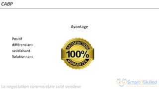 La négociation commerciale coté vendeur
Avantage
Positif
différenciant
satisfaisant
Solutionnant
CABP
 