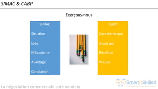 La négociation commerciale coté vendeur
SIMAC & CABP
SIMAC
Situation
Idée
Mécanisme
Avantage
Conclusion
CABP
Caractéristique
Avantage
Bénéfice
Preuve
Exerçons-nous
 