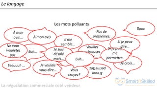 La négociation commerciale coté vendeur
Les mots polluants
Le langage
Euh...
Je voulais
vous dire...
Eeeuuuh ...
Si je peux
dire...
Je crois...
Il me
semble...
Sivous
permettez.
À mon
avis...
Veuillez
m’excusez
mais...
Vous
croyez?
Je suis
désolé
mais...
Si je puis
me
permettre.
..
Euh...
Ne vous
inquiétez
pas.
Pas de
problèmes.À mon avis
Donc
 