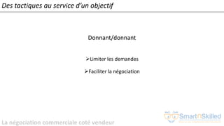 La négociation commerciale coté vendeur
Donnant/donnant
➢Limiter les demandes
➢Faciliter la négociation
Des tactiques au service d’un objectif
 