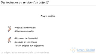 La négociation commerciale coté vendeur
Zoom arrière
Propice à l’innovation
A l’opinion nouvelle
détourner de l’essentiel
masquer les intentions
Terrain propice aux objections
Des tactiques au service d’un objectif
 