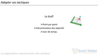La négociation commerciale coté vendeur
Adapter ses tactiques
Le bluff
➢Point par point
➢Hiérarchisation des objectifs
➢User de temps.
 