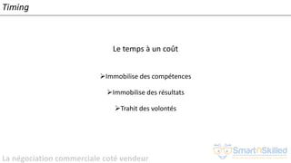 La négociation commerciale coté vendeur
Timing
Le temps à un coût
➢Immobilise des compétences
➢Immobilise des résultats
➢Trahit des volontés
 
