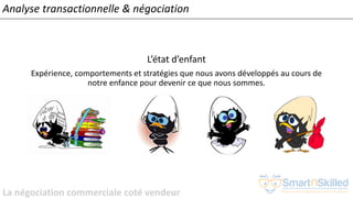 La négociation commerciale coté vendeur
Analyse transactionnelle & négociation
L’état d’enfant
Expérience, comportements et stratégies que nous avons développés au cours de
notre enfance pour devenir ce que nous sommes.
 