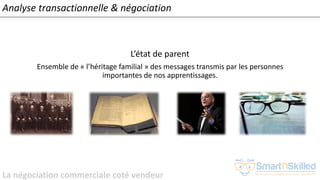 La négociation commerciale coté vendeur
Analyse transactionnelle & négociation
L’état de parent
Ensemble de « l’héritage familial » des messages transmis par les personnes
importantes de nos apprentissages.
 