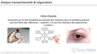 La négociation commerciale coté vendeur
Analyse transactionnelle & négociation
L’état d’adulte
Concentré sur le réel immédiat qui cherche des solutions dans le problème présent
sans les filtres des références « parents » et sans les réactions des expériences
« enfant »
 