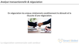 La négociation commerciale coté vendeur
Analyse transactionnelle & négociation
En négociation les enjeux relationnels conditionnent le déroulé et la
réussite d’une négociation.
 