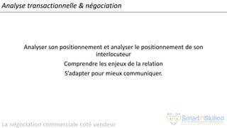 La négociation commerciale coté vendeur
Analyse transactionnelle & négociation
Analyser son positionnement et analyser le positionnement de son
interlocuteur
Comprendre les enjeux de la relation
S’adapter pour mieux communiquer.
 