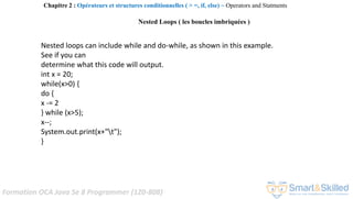 Formation OCA Java Se 8 Programmer (1Z0-808)
Nested loops can include while and do-while, as shown in this example.
See if you can
determine what this code will output.
int x = 20;
while(x>0) {
do {
x -= 2
} while (x>5);
x--;
System.out.print(x+"t");
}
Nested Loops ( les boucles imbriquées )
Chapitre 2 : Opérateurs et structures conditionnelles ( > =, if, else) ~ Operators and Statments
 