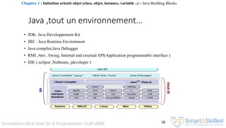 Formation OCA Java Se 8 Programmer (1Z0-808) 18
Java ,tout un environnement…
• JDK: Java Developpement Kit
• JRE : Java Runtime Environment
• Java compiler,Java Debugger
• RMI ,Awt , Swing, Internal and external API(Application programmable interface )
• IDE ( eclipse ,Netbeans, jdeveloper )
Chapitre 1 : Initiation orienté objet (class, objet, instance, variable ..) ~ Java Building Blocks
 