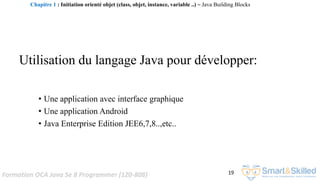 Formation OCA Java Se 8 Programmer (1Z0-808) 19
Utilisation du langage Java pour développer:
• Une application avec interface graphique
• Une application Android
• Java Enterprise Edition JEE6,7,8..,etc..
Chapitre 1 : Initiation orienté objet (class, objet, instance, variable ..) ~ Java Building Blocks
 