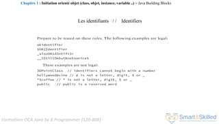 Formation OCA Java Se 8 Programmer (1Z0-808)
Les identifiants / / Identifiers
Chapitre 1 : Initiation orienté objet (class, objet, instance, variable ..) ~ Java Building Blocks
 
