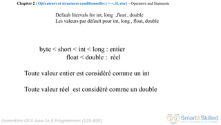 Formation OCA Java Se 8 Programmer (1Z0-808)
Default litervals for int, long ,float , double
Les valeurs par défault pour int, long , float, double
byte < short < int < long : entier
float < double : réel
Toute valeur entier est considéré comme un int
Toute valeur réel est considéré comme un double
Chapitre 2 : Opérateurs et structures conditionnelles ( > =, if, else) ~ Operators and Statments
 