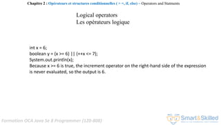 Formation OCA Java Se 8 Programmer (1Z0-808)
int x = 6;
boolean y = (x >= 6) || (++x <= 7);
System.out.println(x);
Because x >= 6 is true, the increment operator on the right-hand side of the expression
is never evaluated, so the output is 6.
Chapitre 2 : Opérateurs et structures conditionnelles ( > =, if, else) ~ Operators and Statments
Logical operators
Les opérateurs logique
 