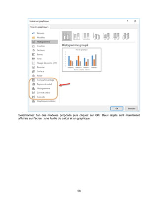 58
Sélectionnez l'un des modèles proposés puis cliquez sur OK. Deux objets sont maintenant
affichés sur l'écran : une feuille de calcul et un graphique.
 