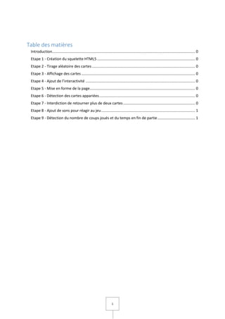 1
Table des matières
Introduction......................................................................................................................................... 0
Etape 1 - Création du squelette HTML5.............................................................................................. 0
Etape 2 - Tirage aléatoire des cartes................................................................................................... 0
Etape 3 - Affichage des cartes ............................................................................................................. 0
Etape 4 - Ajout de l’interactivité ......................................................................................................... 0
Etape 5 - Mise en forme de la page..................................................................................................... 0
Etape 6 - Détection des cartes appariées............................................................................................ 0
Etape 7 - Interdiction de retourner plus de deux cartes..................................................................... 0
Etape 8 - Ajout de sons pour réagir au jeu.......................................................................................... 1
Etape 9 - Détection du nombre de coups joués et du temps en fin de partie.................................... 1
 