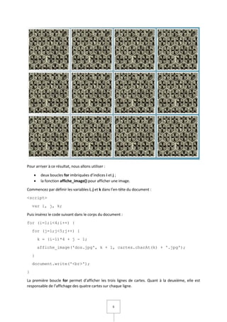 6
Pour arriver à ce résultat, nous allons utiliser :
 deux boucles for imbriquées d’indices i et j ;
 la fonction affiche_image() pour afficher une image.
Commencez par définir les variables i, j et k dans l’en-tête du document :
<script>
var i, j, k;
Puis insérez le code suivant dans le corps du document :
for (i=1;i<4;i++) {
for (j=1;j<5;j++) {
k = (i-1)*4 + j - 1;
affiche_image('dos.jpg', k + 1, cartes.charAt(k) + '.jpg');
}
document.write('<br>');
}
La première boucle for permet d’afficher les trois lignes de cartes. Quant à la deuxième, elle est
responsable de l’affichage des quatre cartes sur chaque ligne.
 