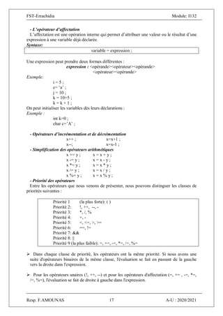 FST-Errachidia Module: I132
Resp. F.AMOUNAS 17 A-U : 2020/2021
- L’opérateur d’affectation
L’affectation est une opération interne qui permet d’attribuer une valeur ou le résultat d’une
expression à une variable déjà déclarée.
Syntaxe:
variable = expression ;
Une expression peut prendre deux formes différentes :
expression : <opérande><opérateur><opérande>
<opérateur><opérande>
Exemple:
i = 5 ;
c= ‘a’ ;
j = 10 ;
k = 10+5 ;
k = k + 1 ;
On peut initialiser les variables dès leurs déclarations :
Exemple :
int k=0 ;
char c=’A’ ;
- Opérateurs d’incrémentation et de décrémentation
x++ ; x=x+1 ;
x--; x=x-1 ;
- Simplification des opérateurs arithmétiques
x += y ; x = x + y ;
x -= y ; x = x - y ;
x *= y ; x = x * y ;
x /= y ; x = x / y ;
x %= y ; x = x % y ;
- Priorité des opérateurs
Entre les opérateurs que nous venons de présenter, nous pouvons distinguer les classes de
priorités suivantes :
Priorité 1 (la plus forte): ( )
Priorité 2: !, ++, --, -
Priorité 3: *, /, %
Priorité 4: +, -
Priorité 5: <, <=, >, >=
Priorité 6: ==, !=
Priorité 7: &&
Priorité 8: ||
Priorité 9 (la plus faible): =, +=, -=, *=, /=, %=
 Dans chaque classe de priorité, les opérateurs ont la même priorité. Si nous avons une
suite d'opérateurs binaires de la même classe, l'évaluation se fait en passant de la gauche
vers la droite dans l'expression.
 Pour les opérateurs unaires (!, ++, --) et pour les opérateurs d'affectation (=, += , -=, *=,
/=, %=), l'évaluation se fait de droite à gauche dans l'expression.
 