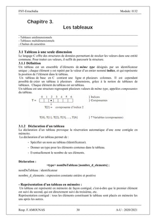 FST-Errachidia Module: I132
Resp. F.AMOUNAS 30 A-U : 2020/2021
Chapitre 3.
Les tableaux
- Tableaux unidimensionnels
- Tableaux multidimensionnels
- Chaînes de caractères
3.1 Tableau à une seule dimension
Le langage C offre des structures de données permettant de stocker les valeurs dans une entité
commune. Pour traiter ces valeurs, il suffit de parcourir la structure.
3.1.1 Définition
Un tableau est un ensemble d’éléments de même type désignés par un identificateur
unique ; chaque élément y est repéré par la valeur d’un entier nommé indice, et qui représente
la position de l’élément dans le tableau.
Un tableau de base en C contient une ligne et plusieurs colonnes. Il est cependant
possible de créer un tableau à plusieurs dimensions, grâce à la notion de tableaux de
tableaux. Chaque élément du tableau est un tableau.
Un tableau est une structure regroupant plusieurs valeurs de même type, appelées composantes
du tableau.
3.1.2 Déclaration d’un tableau
La déclaration d’un tableau provoque la réservation automatique d’une zone contigüe en
mémoire.
La déclaration d’un tableau permet de :
- Spécifier un nom au tableau (Identificateur).
- Donner un type pour les éléments contenus dans le tableau.
- Eventuellement le nombre de ses éléments.
Déclaration :
<type> nomDuTableau [nombre_d_elements] ;
nomDuTableau : identificateur
nombre_d_elements : expression constante entière et positive
- Représentation d’un tableau en mémoire :
Un tableau est représenté en mémoire de façon contiguë, c'est-à-dire que le premier élément
est suivi du second, qui est directement suivi du troisième, etc.
Représentation contiguë : tous les éléments constituant le tableau sont placés en mémoire les
uns après les autres.
 
