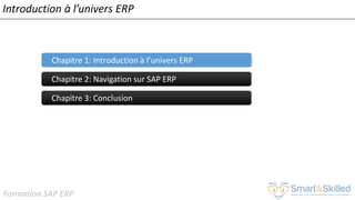 Formation SAP ERP
Introduction à l’univers ERP
Chapitre 1: Introduction à l’univers ERP
Chapitre 2: Navigation sur SAP ERP
Chapitre 3: Conclusion
 