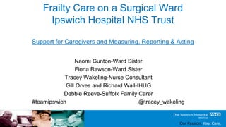 Our Passion, Your Care.
Frailty Care on a Surgical Ward
Ipswich Hospital NHS Trust
Support for Caregivers and Measuring, Reporting & Acting
Naomi Gunton-Ward Sister
Fiona Rawson-Ward Sister
Tracey Wakeling-Nurse Consultant
Gill Orves and Richard Wall-IHUG
Debbie Reeve-Suffolk Family Carer
#teamipswich @tracey_wakeling
 