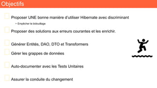 Objectifs
🧬Proposer UNE bonne manière d’utiliser Hibernate avec discriminant
- Empêcher le bidouillage
🧬Proposer des solutions aux erreurs courantes et les enrichir.
🧬Générer Entités, DAO, DTO et Transformers
🧬Gérer les grappes de données
🧬Auto-documenter avec les Tests Unitaires
🧬Assurer la conduite du changement
 