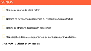 GENOM
🧬Une seule source de vérité (DRY)
🧬Normes de développement définies au niveau du pôle architecture
🧬Règles de structure d’application prédéfinies
🧬Capitalisation dans un environnement de développement type Eclipse
🧬 GENOM : GENeration On Models
 