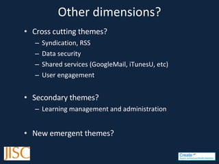 Other dimensions? Cross cutting themes? Syndication, RSS Data security Shared services (GoogleMail, iTunesU, etc) User engagement Secondary themes? Learning management and administration New emergent themes? 