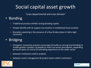 Social capital asset growth “ cross departmental and cross domain” Bonding Traditional practice exhibits strong bonding capital People identify with & support one another in established local contexts Boundary spanning is the preserve of a few & takes place in fairly rigid structures Bridging Emergent, innovative practice encourages & builds on strong local bonding to enable greater numbers of people to reach out across boundaries, expanding personal spans of control & extending experience to the wider sector. between institutions and/or projects between senior management & project teams within institutions 