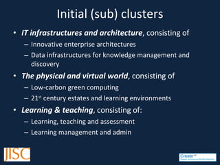 Initial (sub) clusters IT infrastructures and architecture , consisting of Innovative enterprise architectures Data infrastructures for knowledge management and discovery The physical and virtual world , consisting of Low-carbon green computing 21 st  century estates and learning environments Learning & teaching , consisting of: Learning, teaching and assessment Learning management and admin 