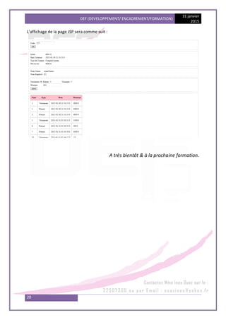 DEF (DEVELOPPEMENT/ ENCADREMENT/FORMATION)
31 janvier
2015
20
L’affichage de la page JSP sera comme suit :
A très bientôt & à la prochaine formation.
 