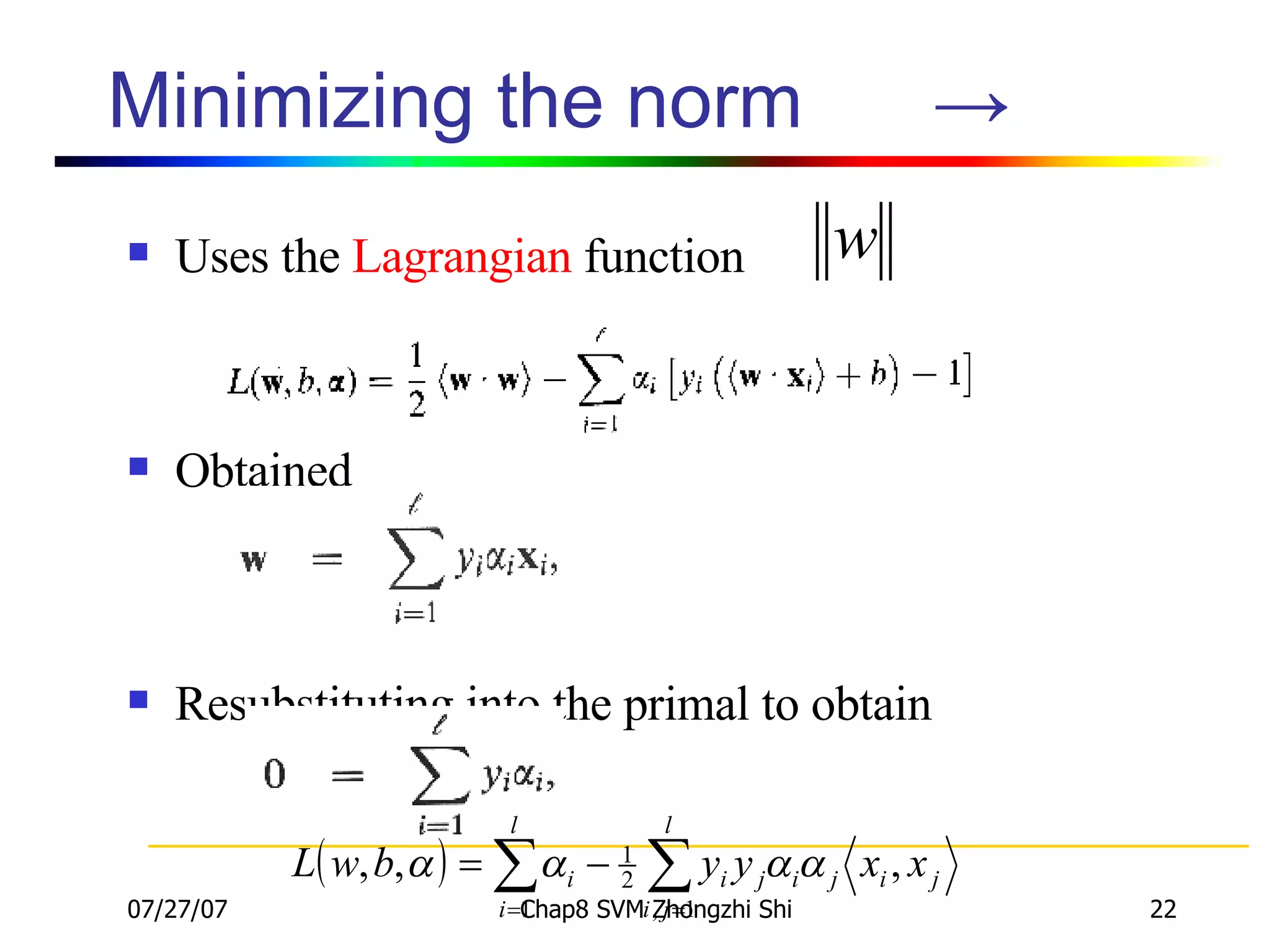 Minimizing the norm  -> Uses the  Lagrangian  function Obtained Resubstituting into the primal to obtain 