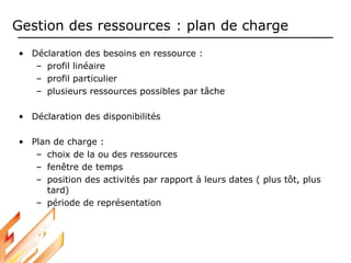 Gestion des ressources : plan de charge
• Déclaration des besoins en ressource :
– profil linéaire
– profil particulier
– plusieurs ressources possibles par tâche
• Déclaration des disponibilités
• Plan de charge :
– choix de la ou des ressources
– fenêtre de temps
– position des activités par rapport à leurs dates ( plus tôt, plus
tard)
– période de représentation
 