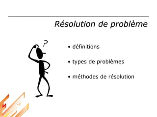 Résolution de problème
• définitions
• types de problèmes
• méthodes de résolution
 