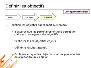 Définir les objectifs
• Redéfinir les objectifs par rapport aux enjeux
– S’assurer que les partenaires ont une perception
claire et convergente des objectifs
– Expliciter le lien objectifs-enjeux
– Définir le résultat attendu
– Expliquer en quoi les objectifs sont les plus adaptés
pour répondre aux enjeux
L'idée Les enjeux Les objectifs
Développement de l'idée
 