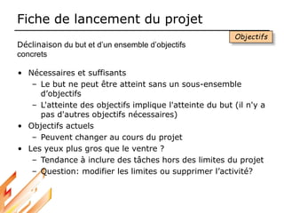Fiche de lancement du projet
• Nécessaires et suffisants
– Le but ne peut être atteint sans un sous-ensemble
d’objectifs
– L'atteinte des objectifs implique l'atteinte du but (il n'y a
pas d'autres objectifs nécessaires)
• Objectifs actuels
– Peuvent changer au cours du projet
• Les yeux plus gros que le ventre ?
– Tendance à inclure des tâches hors des limites du projet
– Question: modifier les limites ou supprimer l’activité?
Objectifs
Déclinaison du but et d’un ensemble d’objectifs
concrets
 