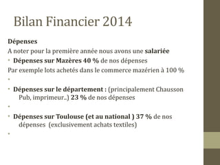 Bilan Financier 2014 
Dépenses 
A noter pour la première année nous avons une salariée 
• Dépenses sur Mazères 40 % de nos dépenses 
Par exemple lots achetés dans le commerce mazérien à 100 % 
• 
• Dépenses sur le département : (principalement Chausson 
Pub, imprimeur..) 23 % de nos dépenses 
• 
• Dépenses sur Toulouse (et au national ) 37 % de nos 
dépenses (exclusivement achats textiles) 
• 
 