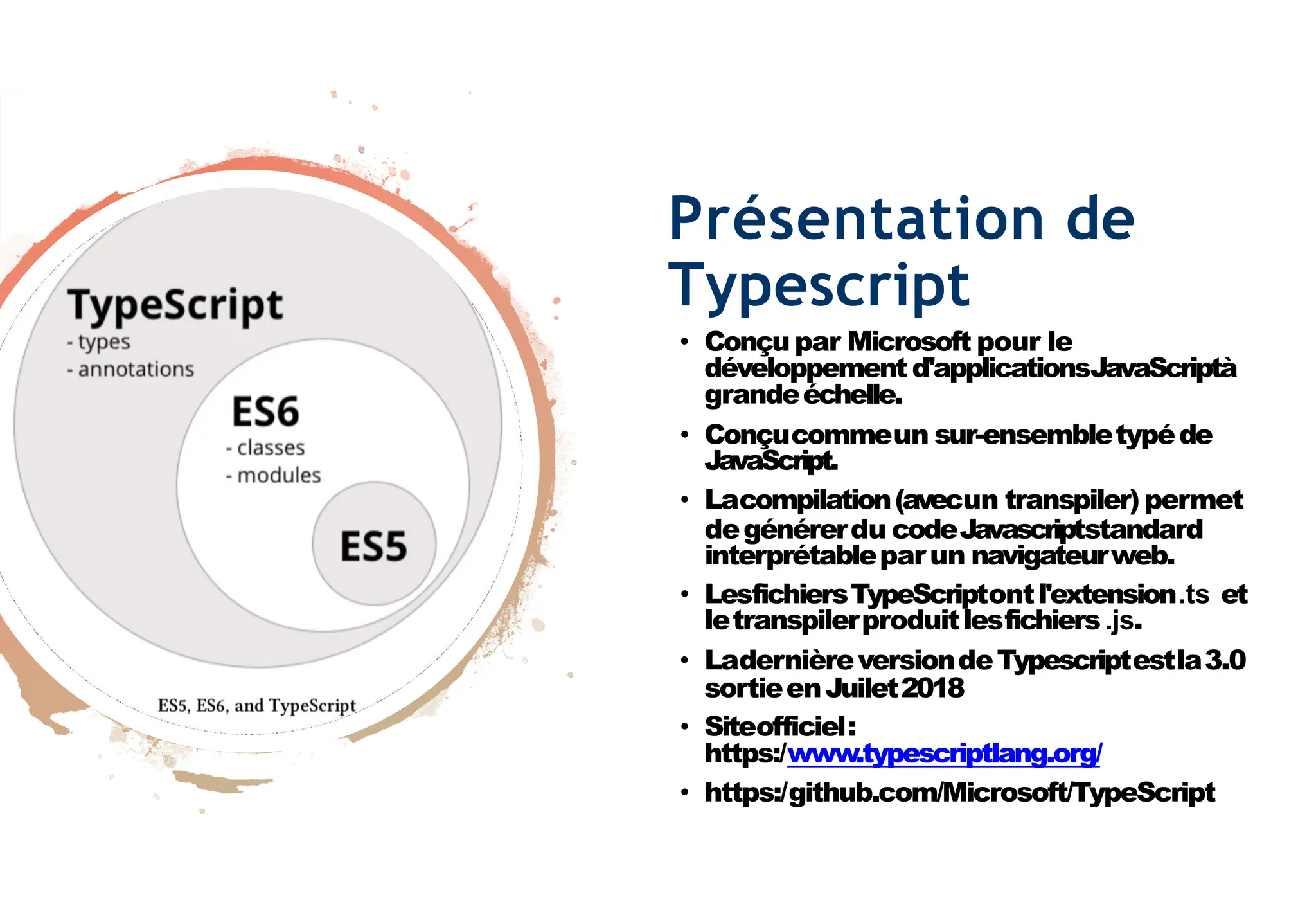 Présentation de
Typescript
• Conçu par Microsoft pour le
développement d'applicationsJavaScriptà
grandeéchelle.
• Conçucommeun sur-ensembletypéde
JavaScript.
• Lacompilation(avecun transpiler) permet
degénérerdu codeJavascriptstandard
interprétableparun navigateurweb.
• LesfichiersTypeScriptontl'extension.ts et
• Siteofficiel:
letranspilerproduitlesfichiers .js.
• LadernièreversiondeTypescriptestla3.0
sortieenJuilet2018
https:/www.typescriptlang.org/
• https:/github.com/Microsoft/TypeScript
 