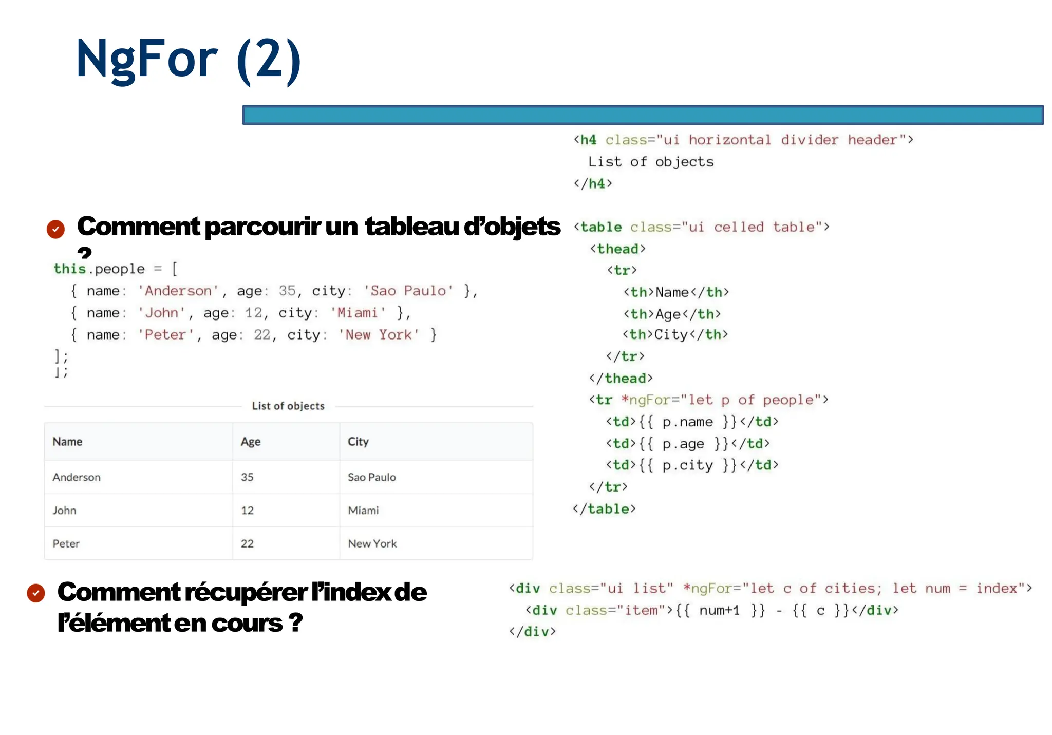 Page57
NgFor (2)
Commentparcourirun tableaud’objets
?
Commentrécupérerl’indexde
l’élémentencours ?
 