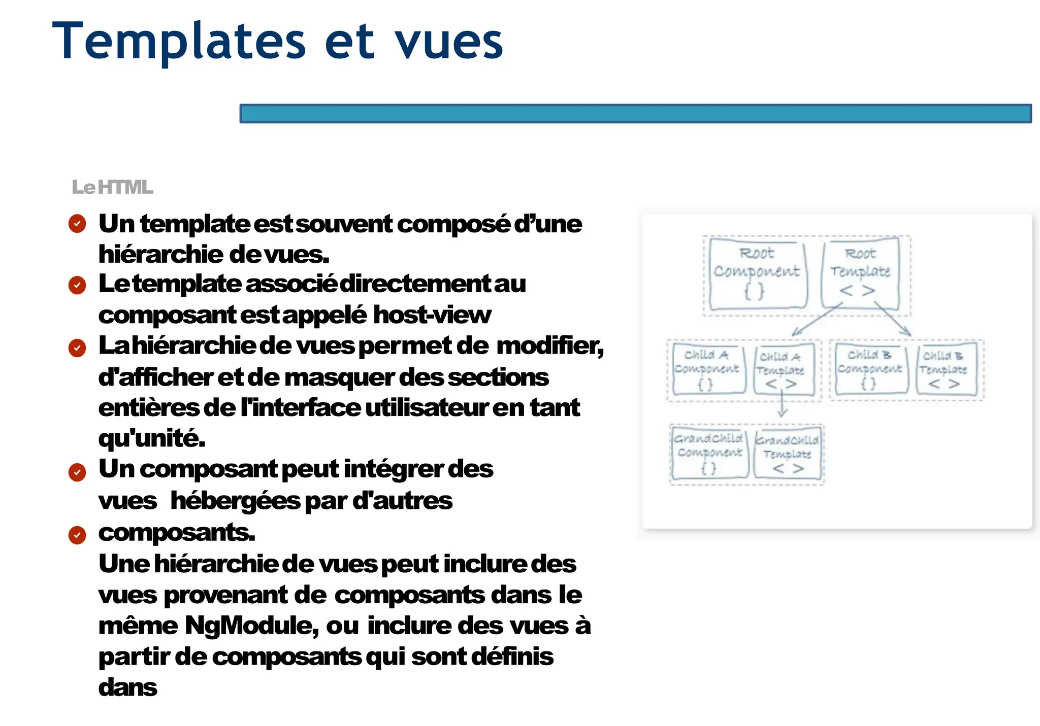 Page35
Templates et vues
LeHTML
Untemplateestsouventcomposéd’une
hiérarchie devues.
Letemplateassociédirectementau
composantestappelé host-view
Lahiérarchiedevuespermetde modifier,
d'afficheretdemasquerdessections
entièresdel'interfaceutilisateurentant
qu'unité.
Uncomposantpeutintégrerdes
vues hébergéespar d'autres
composants.
Unehiérarchiedevuespeutincluredes
vues provenant de composants dans le
même NgModule, ou inclure des vues à
partir decomposantsqui sontdéfinis
dans
 
