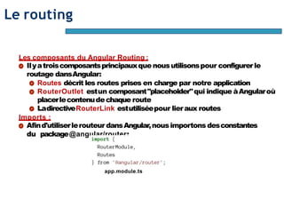 Page81
Le routing
Les composants du Angular Routing :
Ilyatroiscomposantsprincipauxque nousutilisonspour configurerle
routage dansAngular:
Routes décrit les routes prises en charge par notre application
RouterOutlet estun composant"placeholder"qui indique àAngularoù
placerlecontenudechaque route
LadirectiveRouterLink estutiliséepour lieraux routes
Imports :
Afind'utiliserlerouteur dansAngular,nousimportons desconstantes
du package@angular/router:
app.module.ts
 