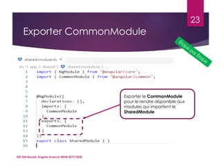 Exporter CommonModule
ISET Sidi Bouzid: Angular Avancé-MDW 2019/2020
23
Exporter le CommonModule
pour le rendre disponible aux
modules qui importent le
SharedModule
 