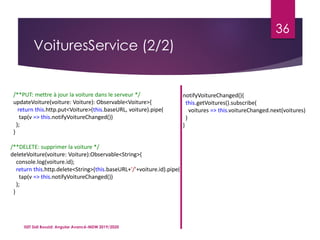 VoituresService (2/2)
ISET Sidi Bouzid: Angular Avancé-MDW 2019/2020
36
/**PUT: mettre à jour la voiture dans le serveur */
updateVoiture(voiture: Voiture): Observable<Voiture>{
return this.http.put<Voiture>(this.baseURL, voiture).pipe(
tap(v => this.notifyVoitureChanged())
);
}
/**DELETE: supprimer la voiture */
deleteVoiture(voiture: Voiture):Observable<String>{
console.log(voiture.id);
return this.http.delete<String>(this.baseURL+'/'+voiture.id).pipe(
tap(v => this.notifyVoitureChanged())
);
}
notifyVoitureChanged(){
this.getVoitures().subscribe(
voitures => this.voitureChanged.next(voitures)
)
}
 