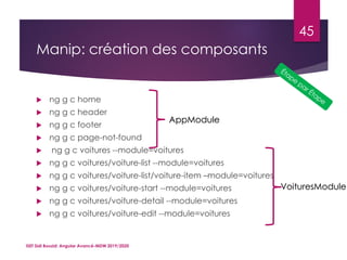 Manip: création des composants
 ng g c home
 ng g c header
 ng g c footer
 ng g c page-not-found
 ng g c voitures --module=voitures
 ng g c voitures/voiture-list --module=voitures
 ng g c voitures/voiture-list/voiture-item –module=voitures
 ng g c voitures/voiture-start --module=voitures
 ng g c voitures/voiture-detail --module=voitures
 ng g c voitures/voiture-edit --module=voitures
ISET Sidi Bouzid: Angular Avancé-MDW 2019/2020
45
AppModule
VoituresModule
 